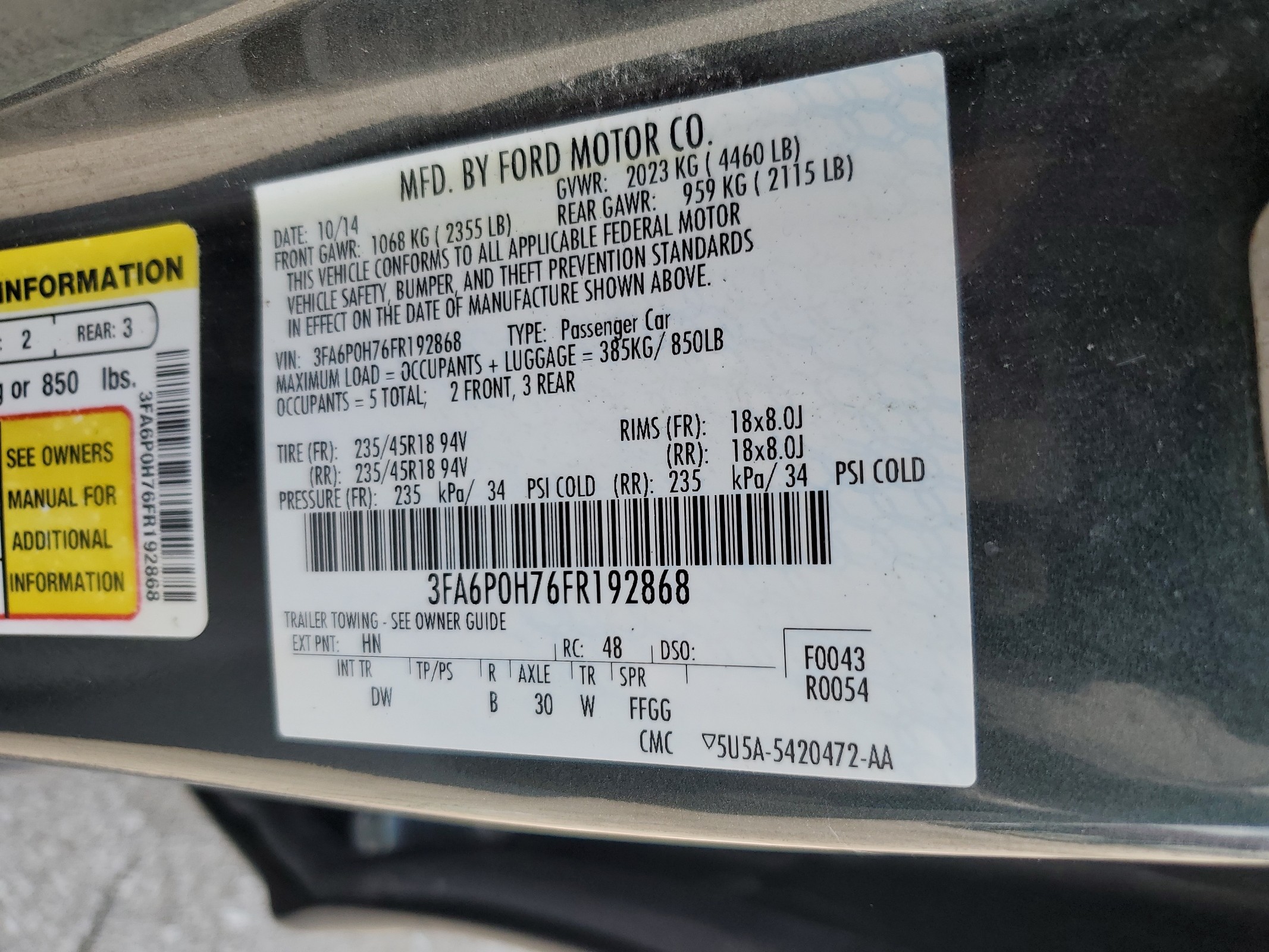 3FA6P0H76FR192868 2015 Ford Fusion Se