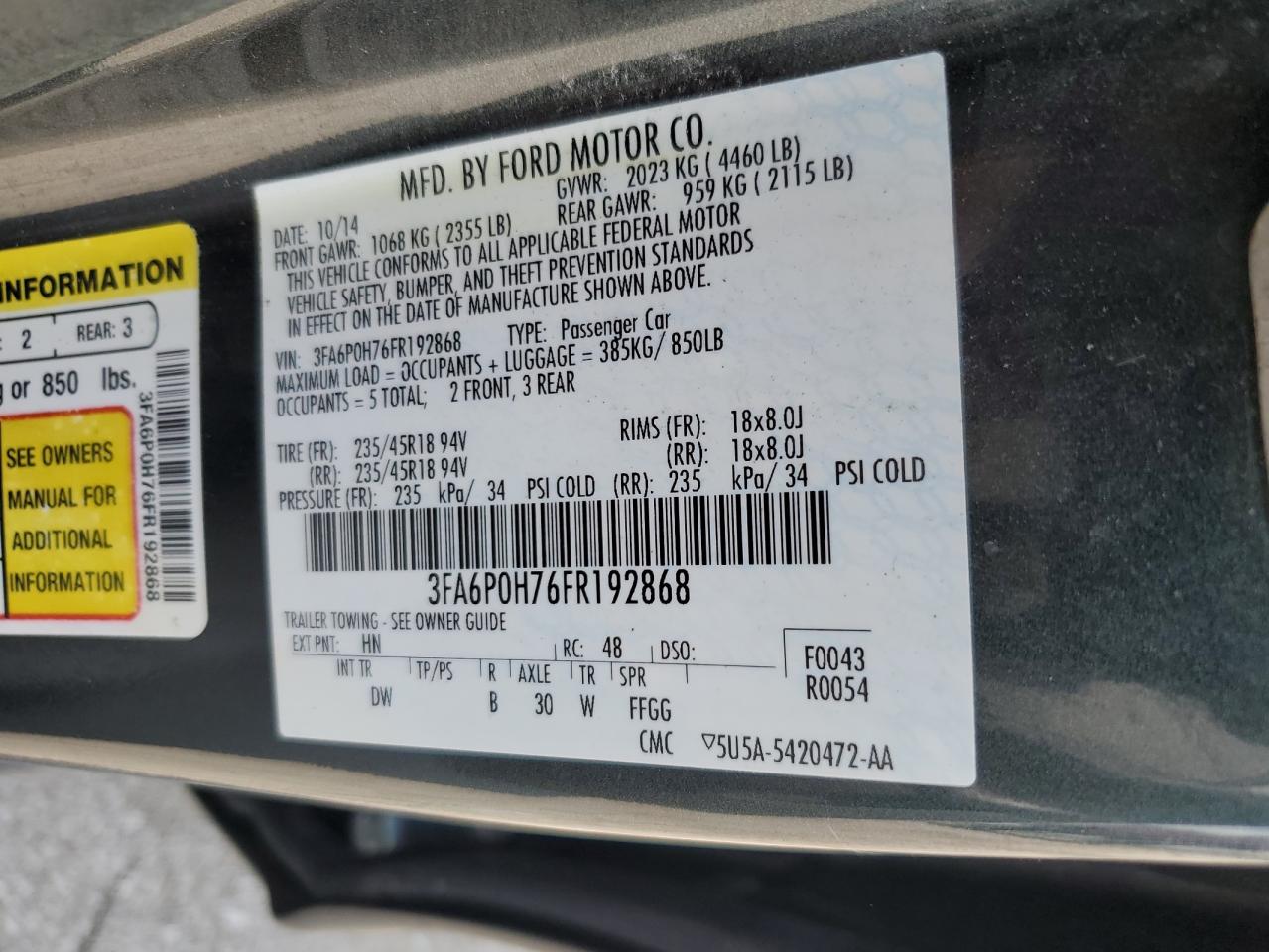 2015 Ford Fusion Se VIN: 3FA6P0H76FR192868 Lot: 63052864