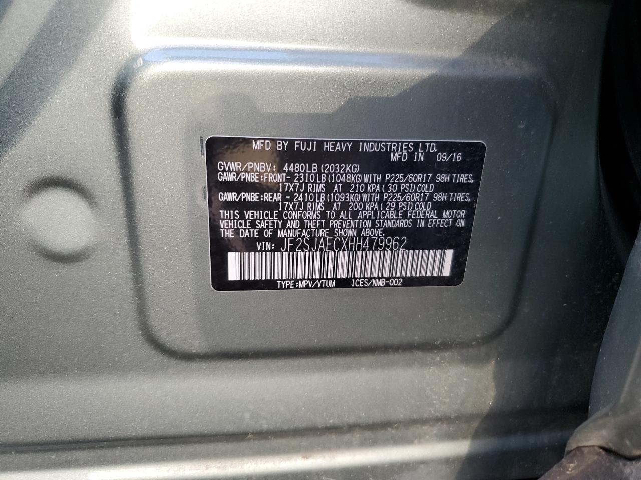 2017 Subaru Forester 2.5I Premium VIN: JF2SJAECXHH479962 Lot: 62463054