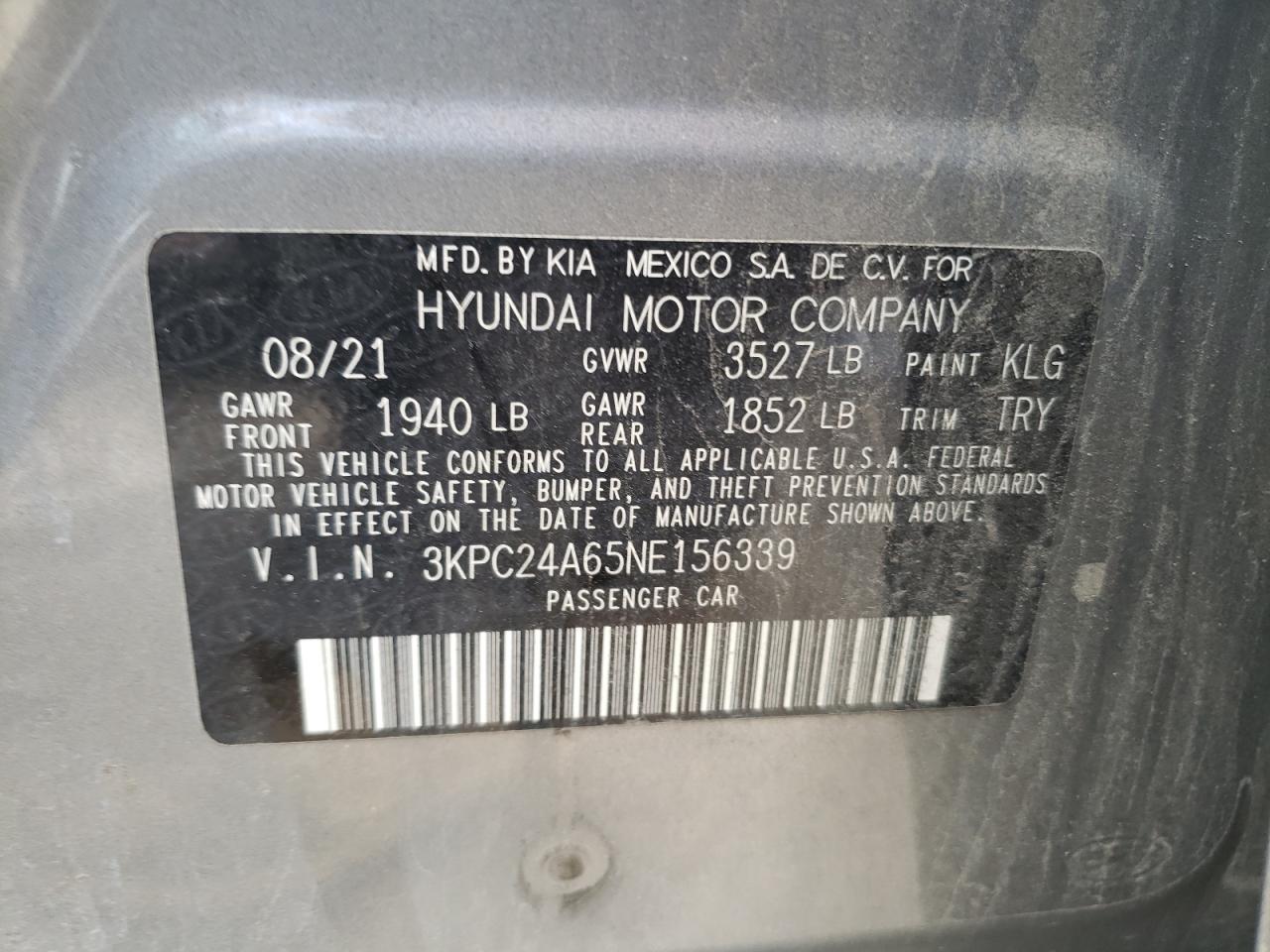 3KPC24A65NE156339 2022 Hyundai Accent Se