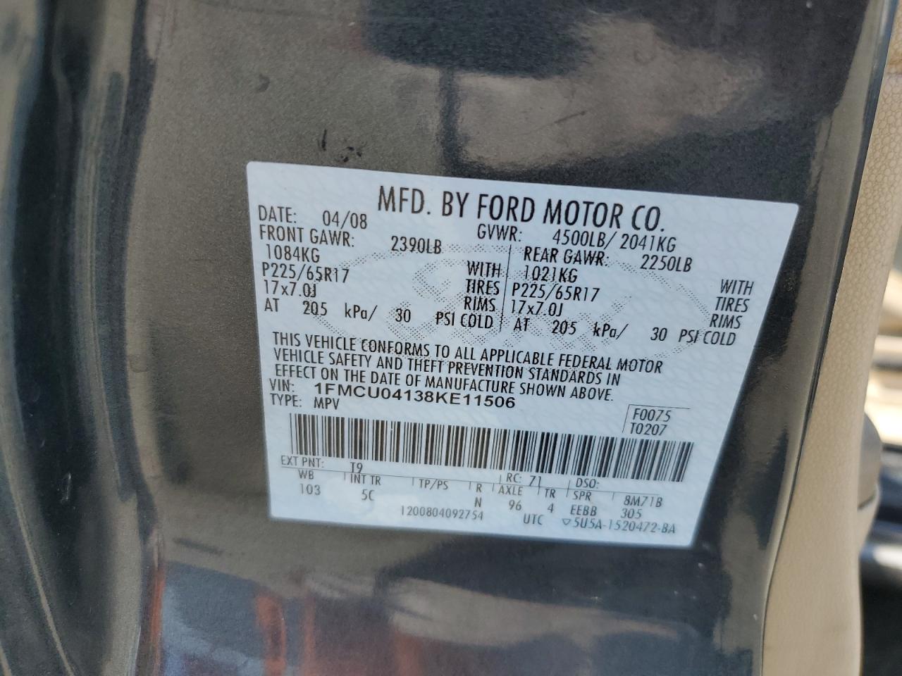 2008 Ford Escape Limited VIN: 1FMCU04138KE11506 Lot: 64517124