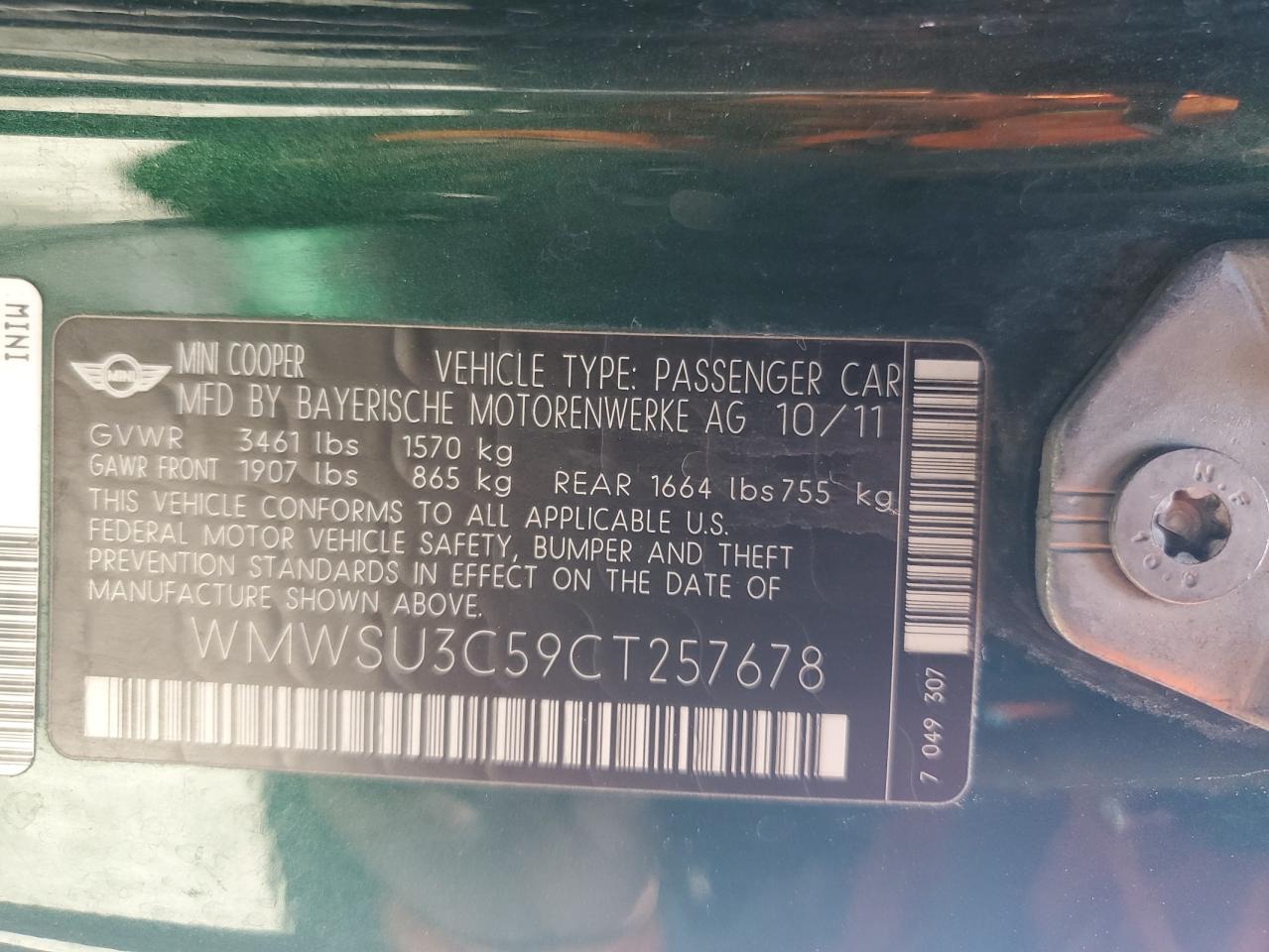 2012 Mini Cooper VIN: WMWSU3C59CT257678 Lot: 62559384