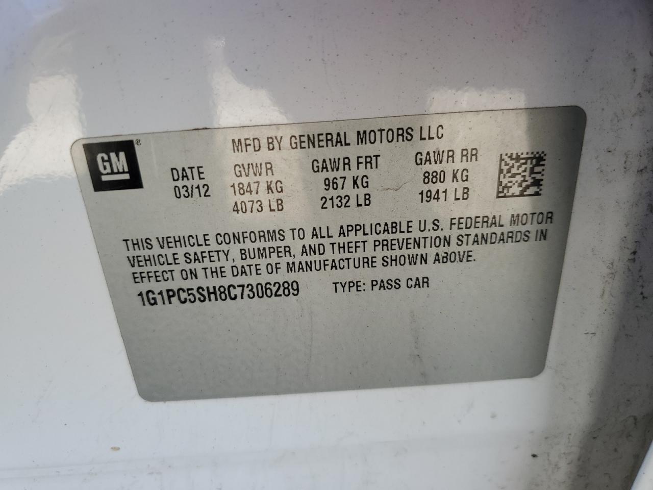 2012 Chevrolet Cruze Ls VIN: 1G1PC5SH8C7306289 Lot: 61839614