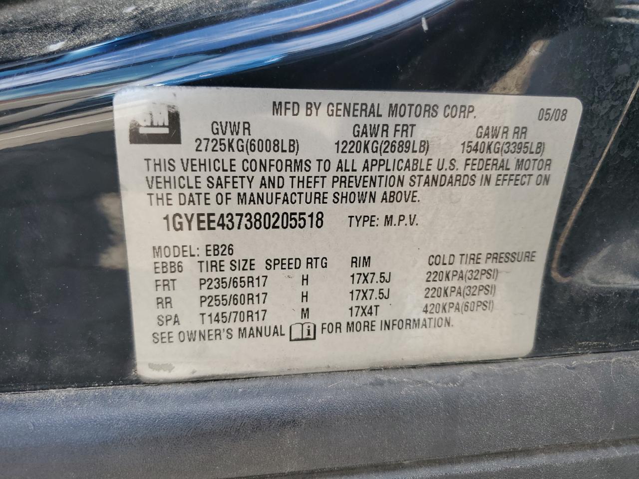 2008 Cadillac Srx VIN: 1GYEE437380205518 Lot: 62352754