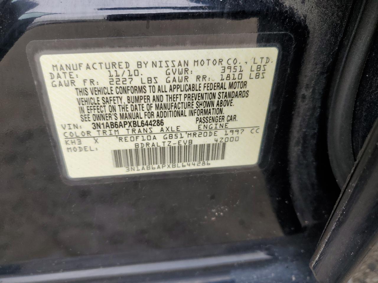 2011 Nissan Sentra 2.0 VIN: 3N1AB6APXBL644286 Lot: 64481354