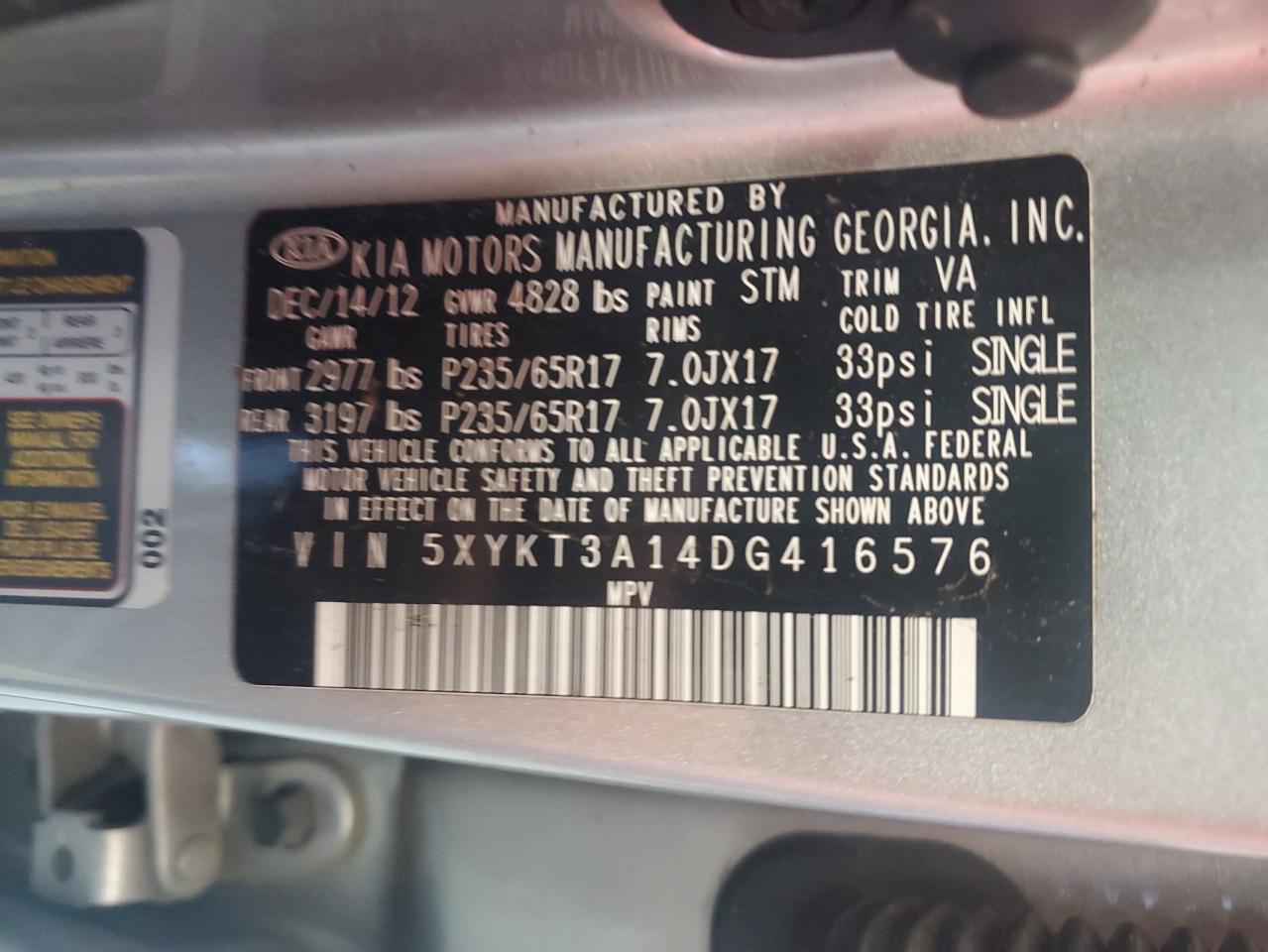 2013 Kia Sorento Lx VIN: 5XYKT3A14DG416576 Lot: 62069764