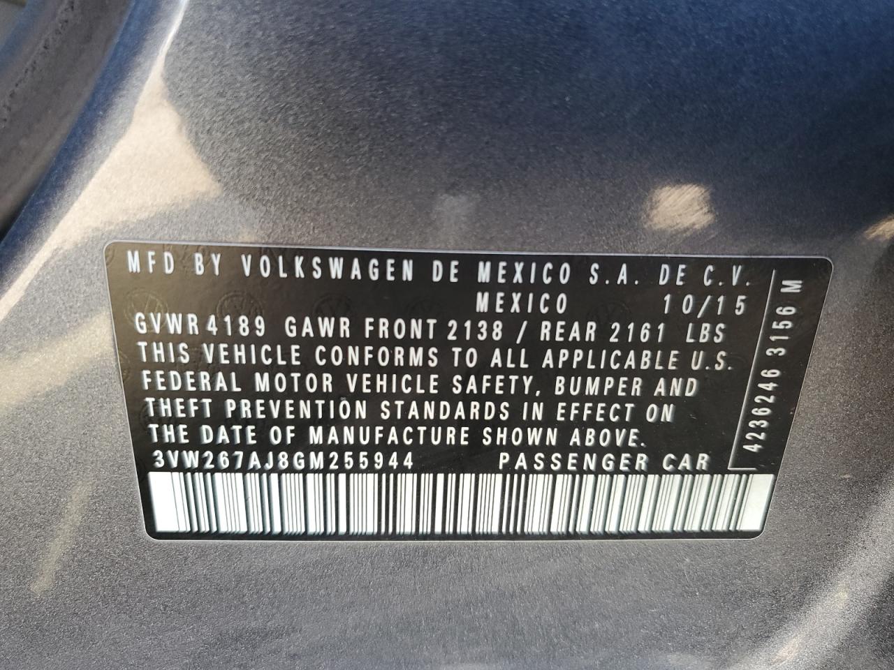 2016 Volkswagen Jetta S VIN: 3VW267AJ8GM255944 Lot: 63691374