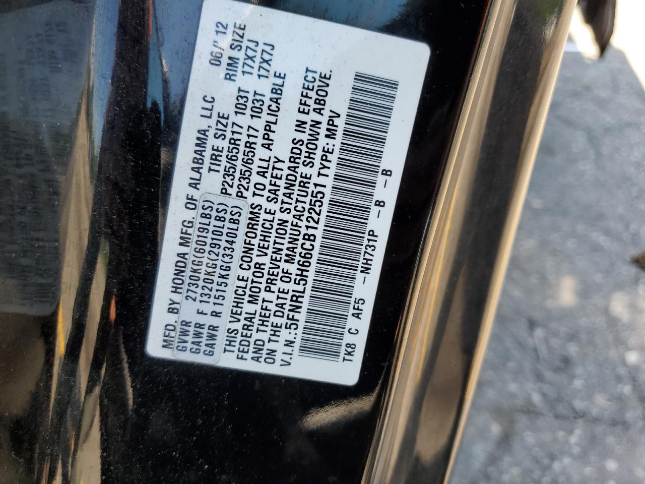 2012 Honda Odyssey Exl VIN: 5FNRL5H66CB122551 Lot: 63587614