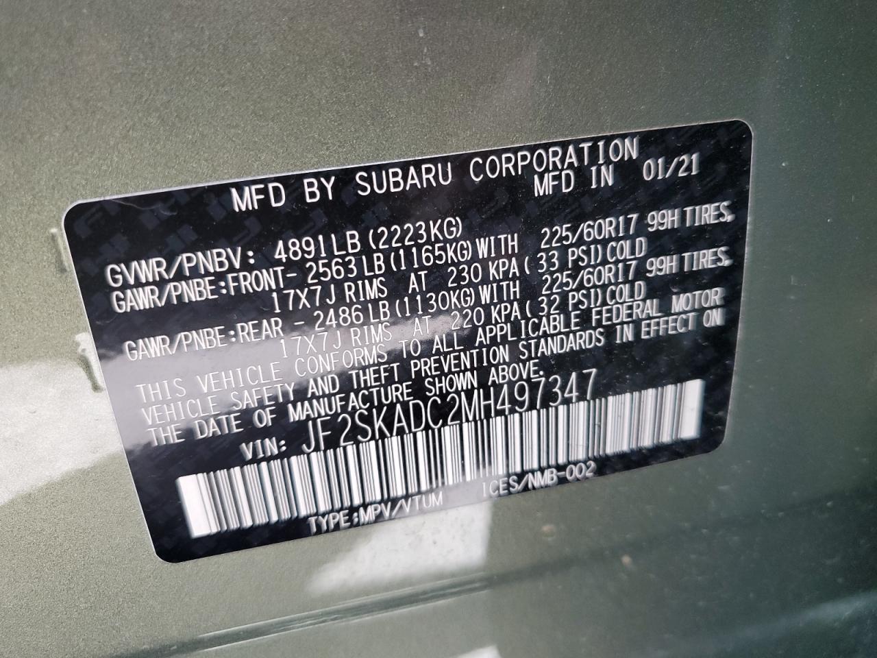 2021 Subaru Forester VIN: JF2SKADC2MH497347 Lot: 65484024