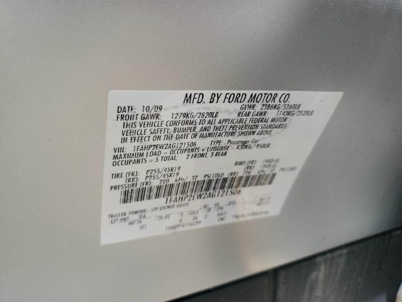 2010 Ford Taurus Sel VIN: 1FAHP2EW2AG121506 Lot: 63795724