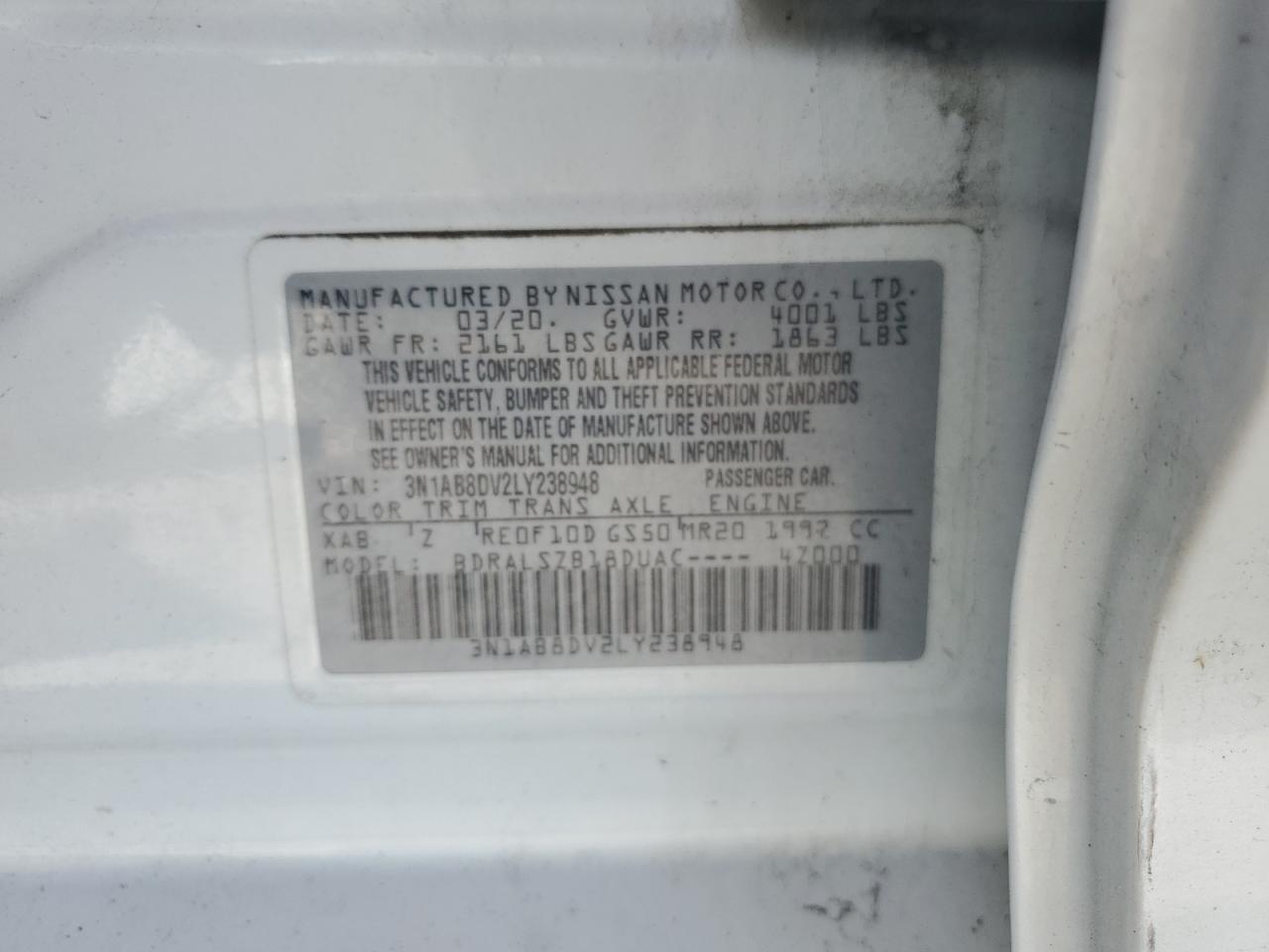 2020 Nissan Sentra Sr VIN: 3N1AB8DV2LY238948 Lot: 61853434