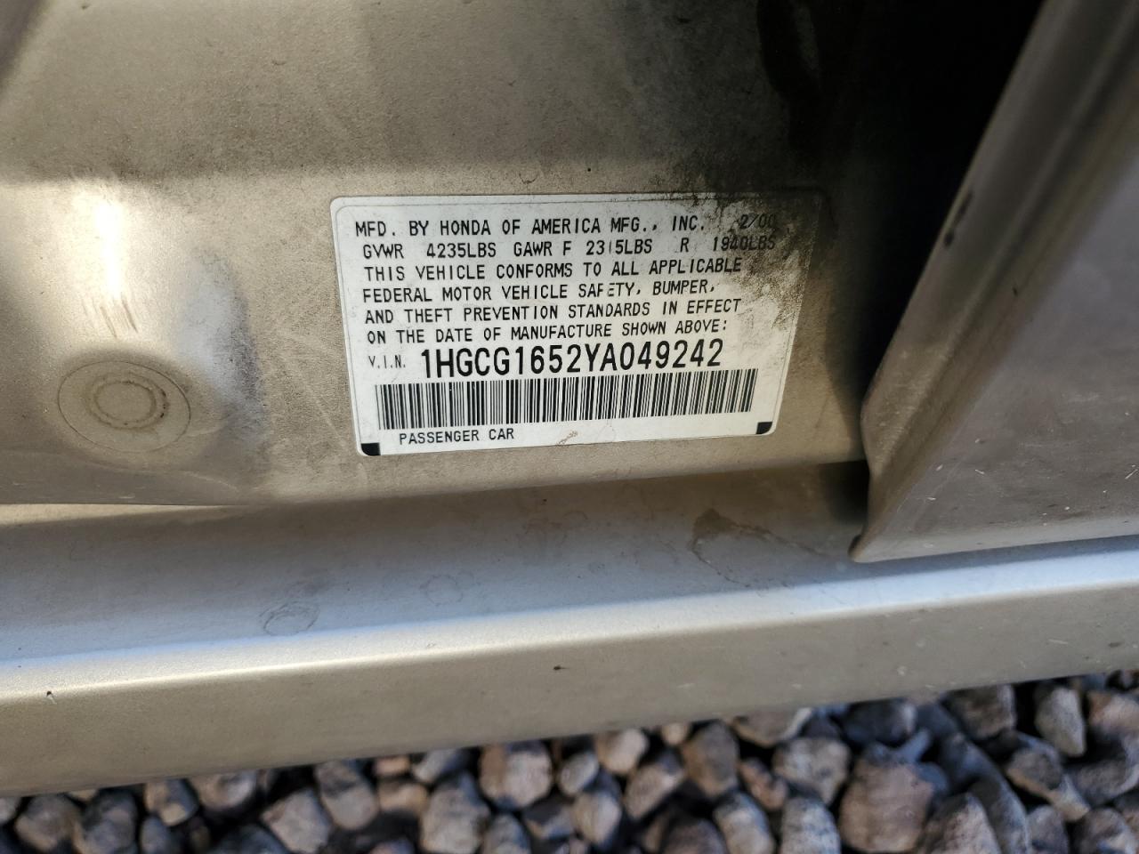 2000 Honda Accord Ex VIN: 1HGCG1652YA049242 Lot: 62149284