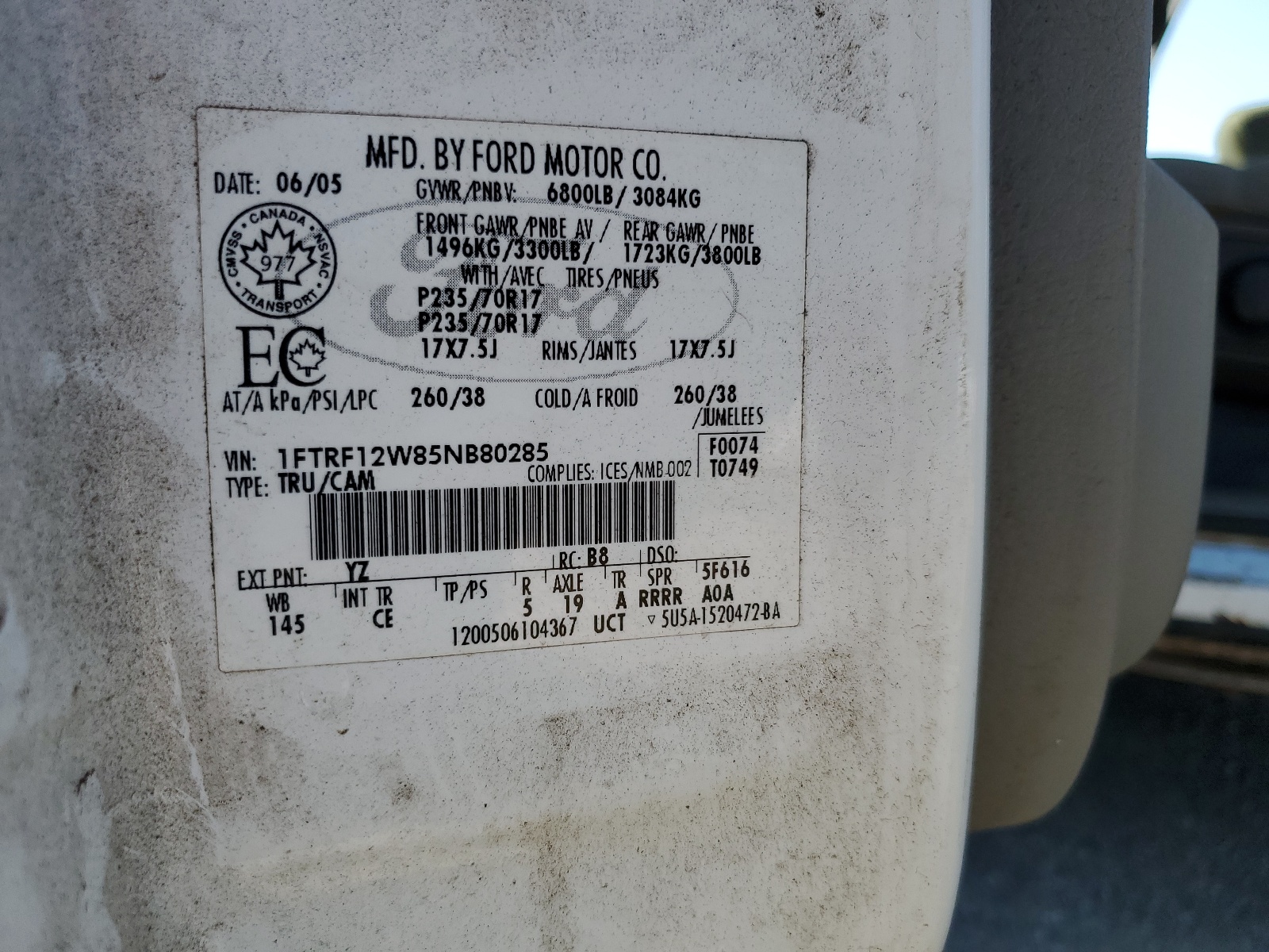 1FTRF12W85NB80285 2005 Ford F150