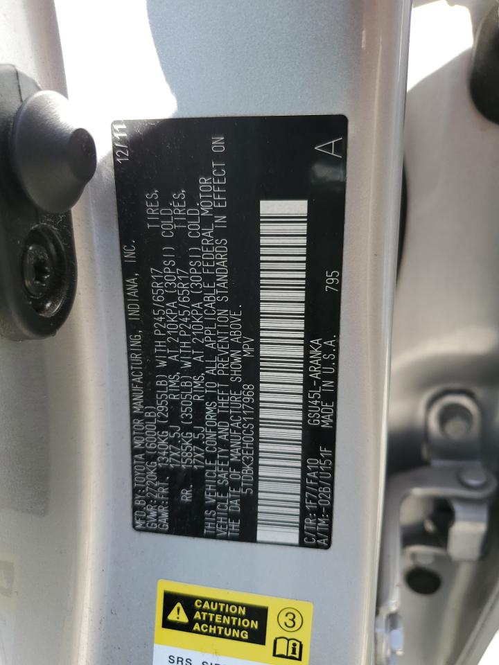 2012 Toyota Highlander Base VIN: 5TDBK3EH0CS117968 Lot: 61642254