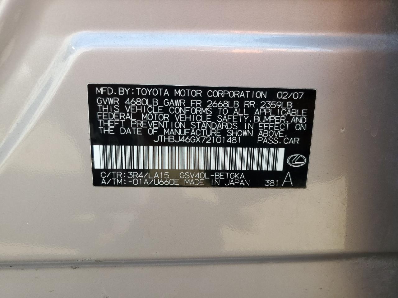 2007 Lexus Es 350 VIN: JTHBJ46GX72101481 Lot: 63024824