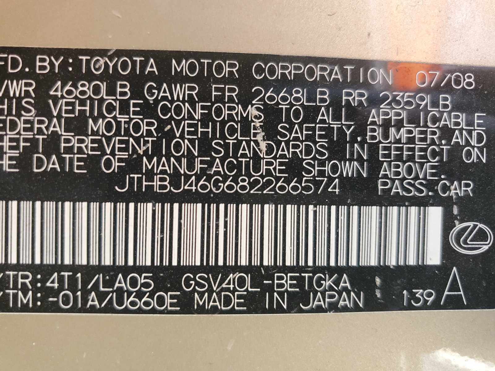 JTHBJ46G682266574 2008 Lexus Es 350