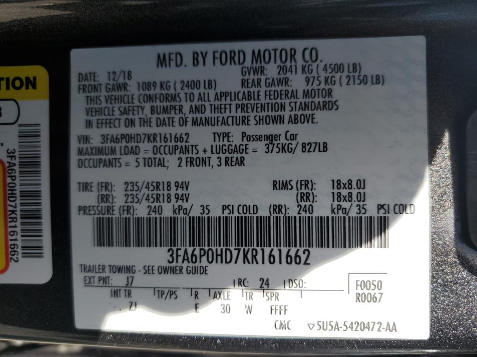 3FA6P0HD7KR161662 2019 Ford Fusion Se