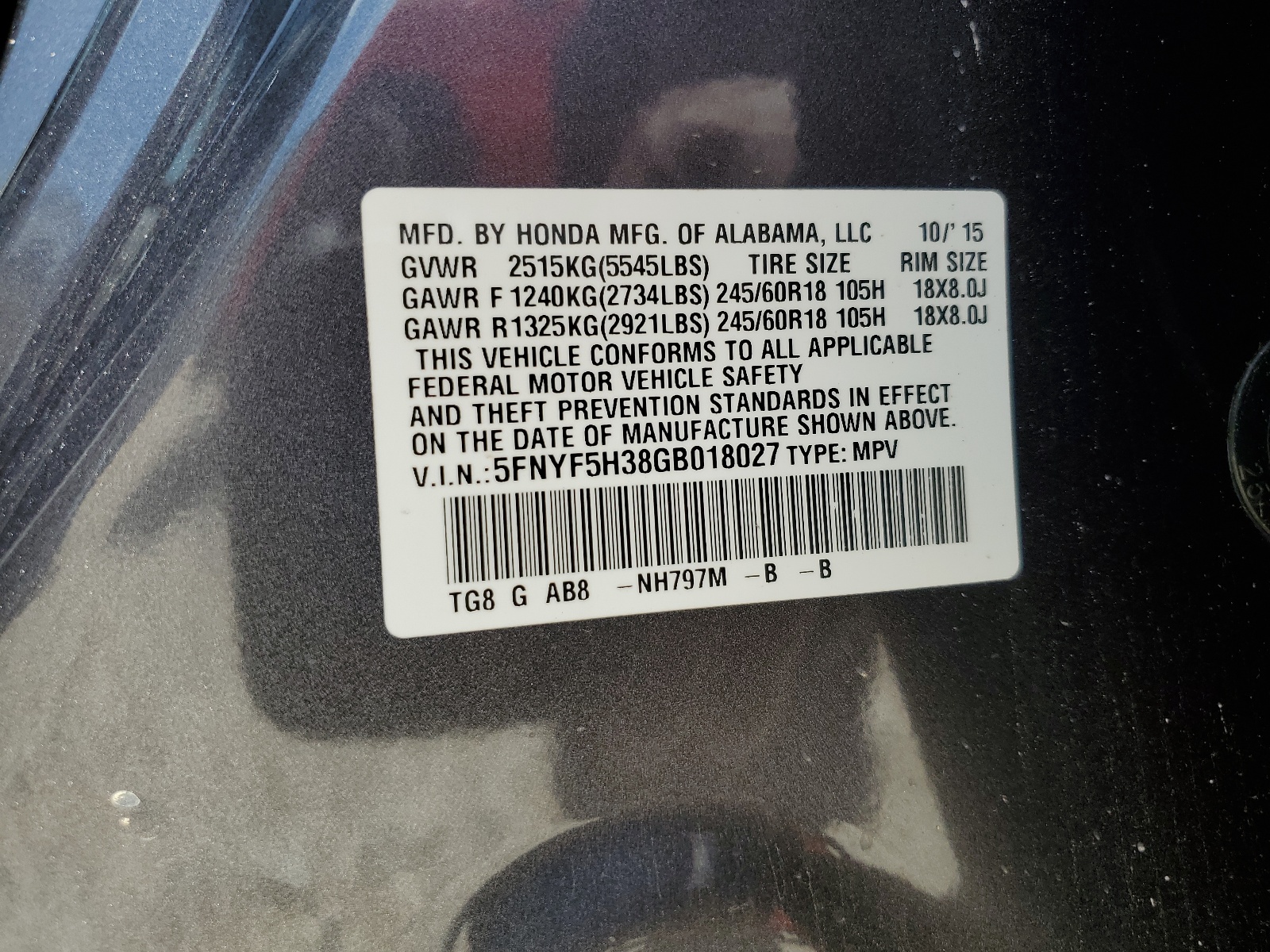 5FNYF5H38GB018027 2016 Honda Pilot Ex