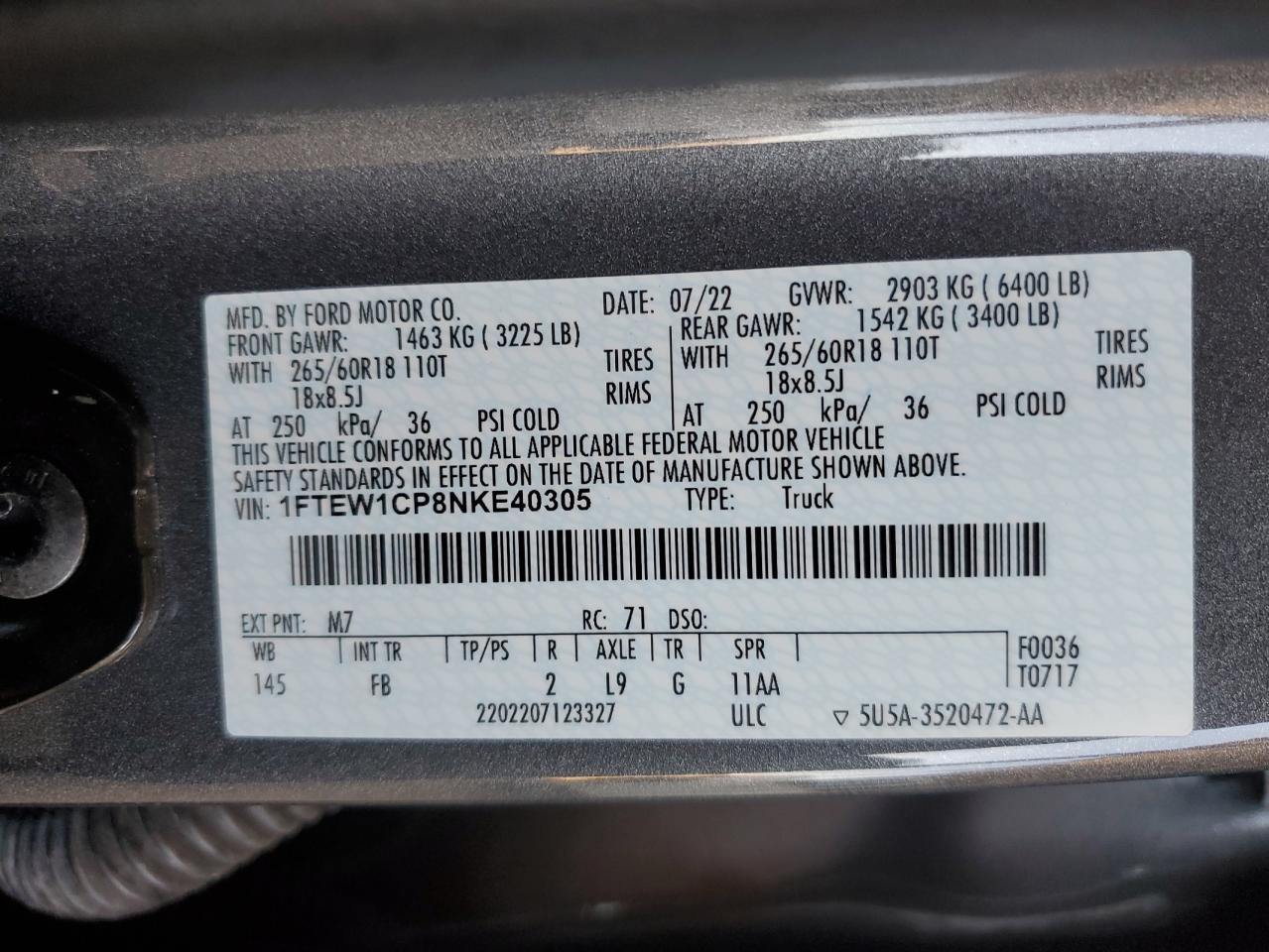2022 Ford F150 Supercrew VIN: 1FTEW1CP8NKE40305 Lot: 61887564