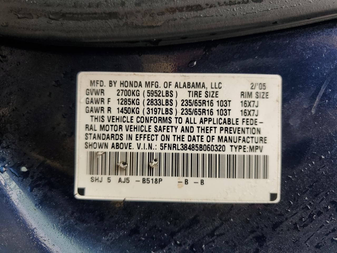 5FNRL38485B060320 2005 Honda Odyssey Ex