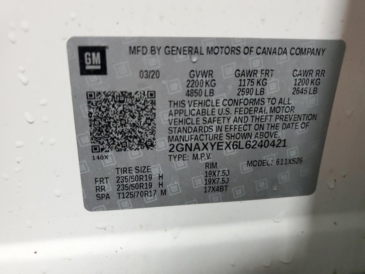 2020 Chevrolet Equinox Premier VIN: 2GNAXYEX6L6240421 Lot: 63883924