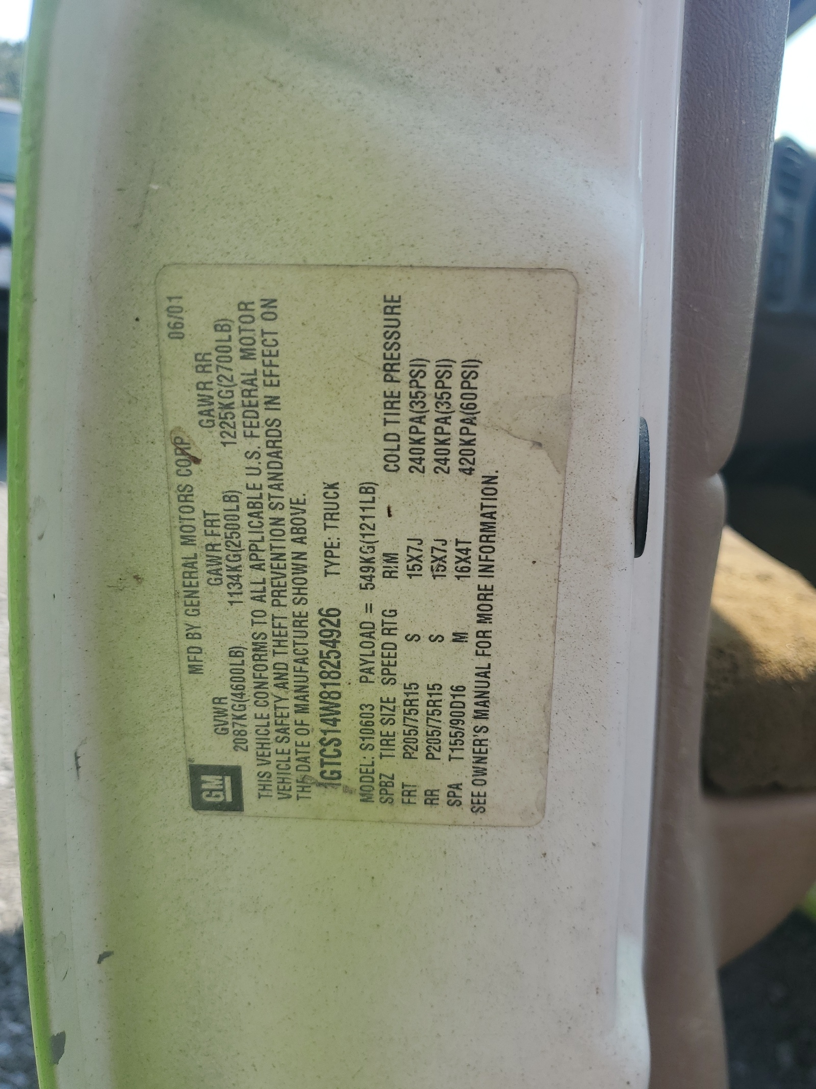 1GTCS14W818254926 2001 GMC Sonoma