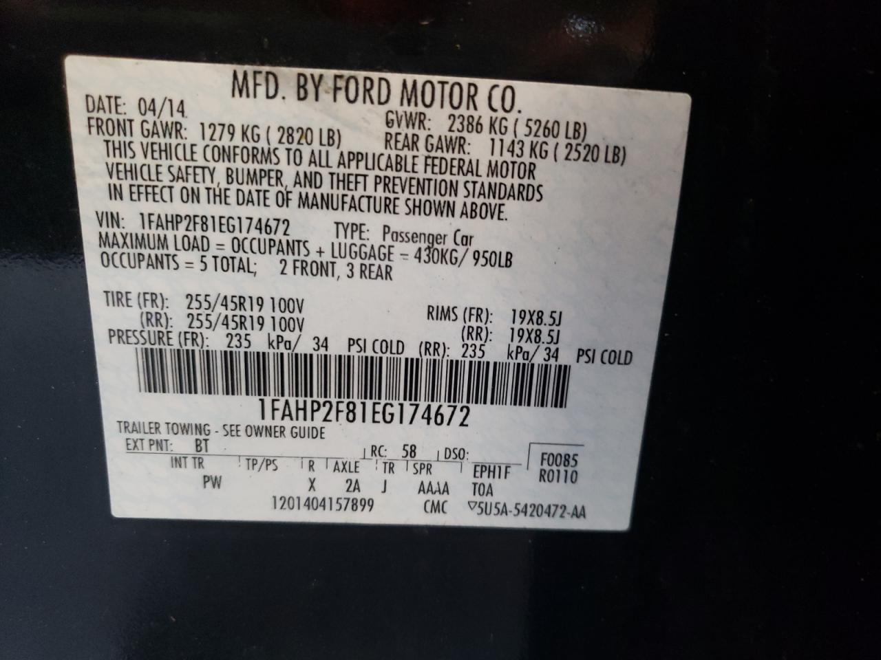 2014 Ford Taurus Limited VIN: 1FAHP2F81EG174672 Lot: 63048804