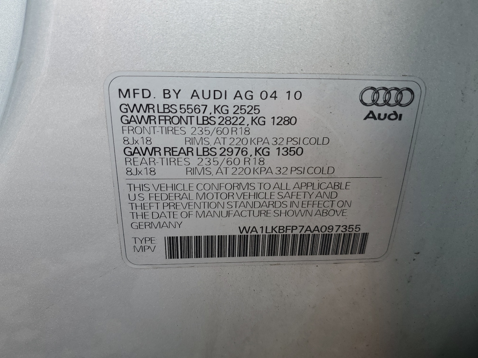 WA1LKBFP7AA097355 2010 Audi Q5 Premium Plus