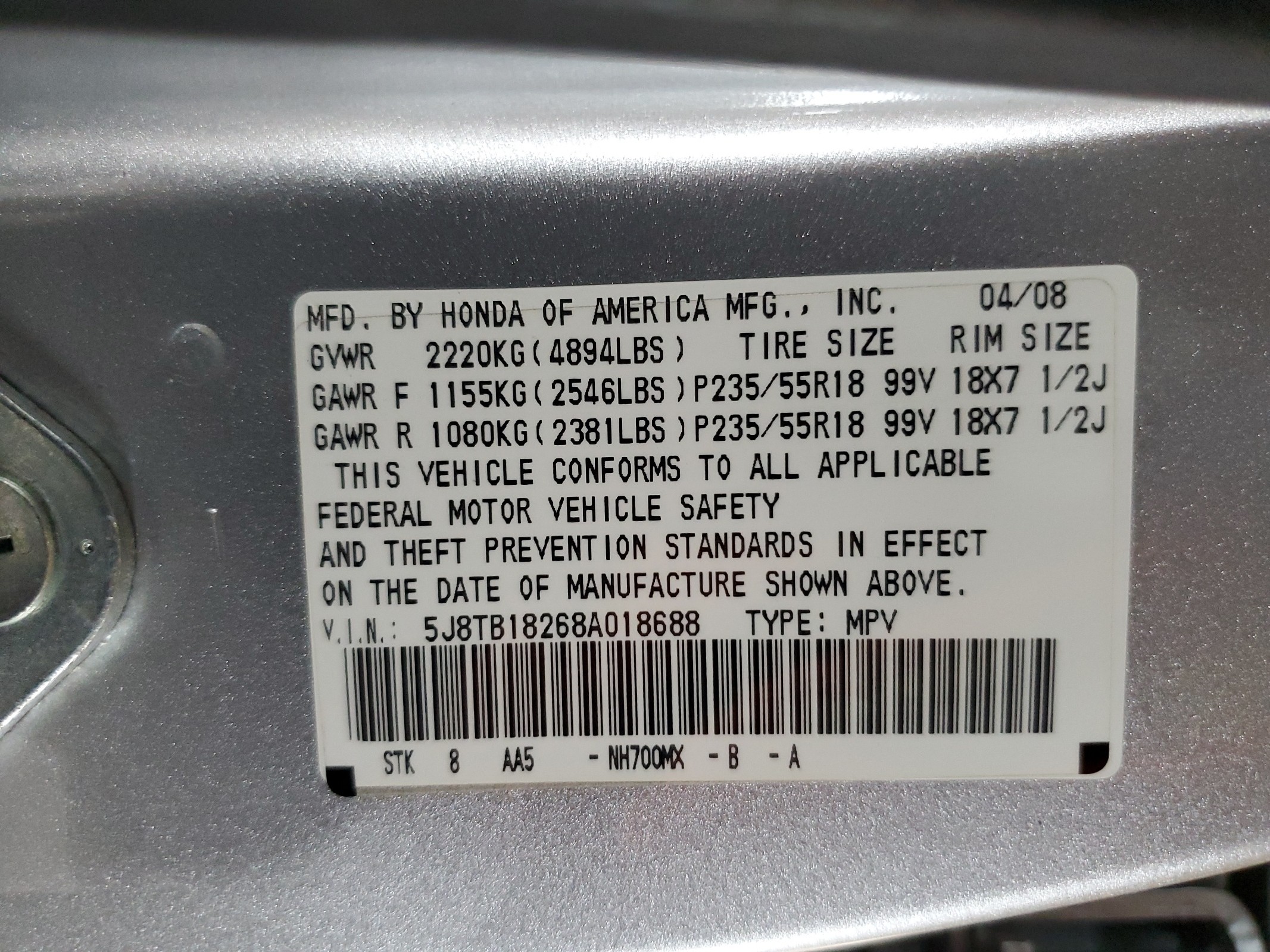 5J8TB18268A018688 2008 Acura Rdx