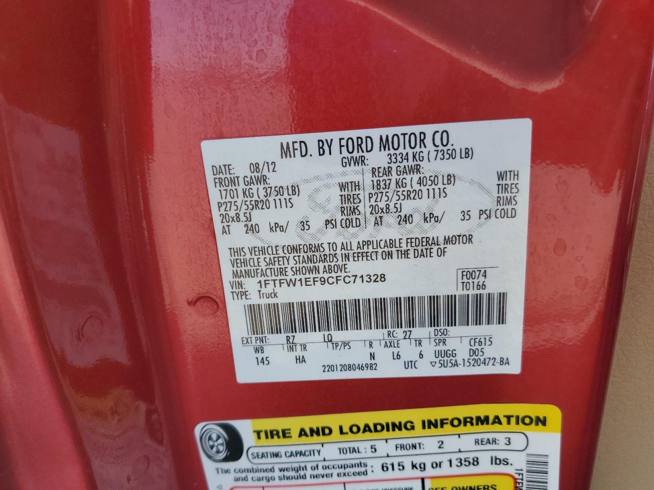 2012 Ford F150 Supercrew VIN: 1FTFW1EF9CFC71328 Lot: 61525154