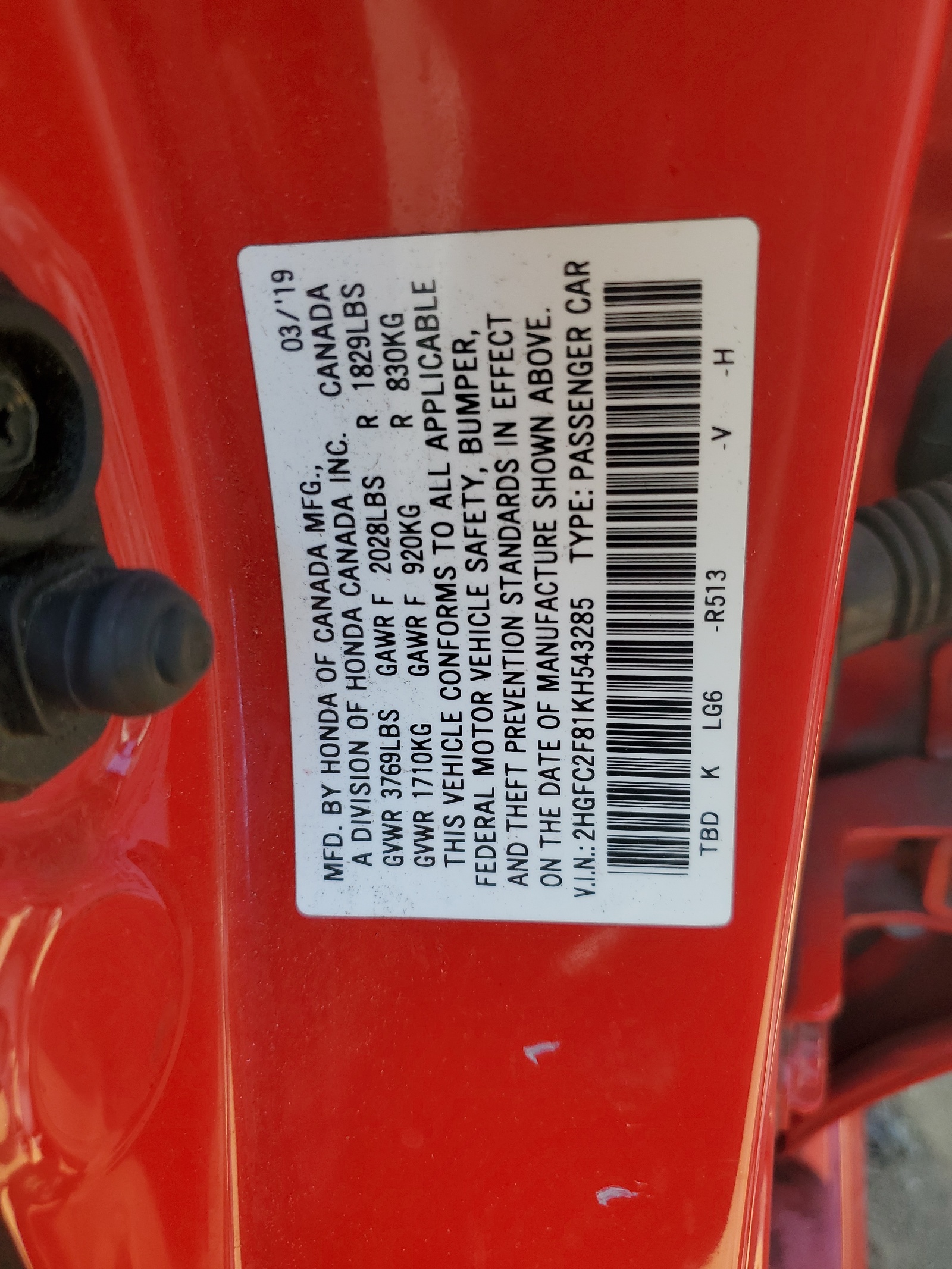 2HGFC2F81KH543285 2019 Honda Civic Sport