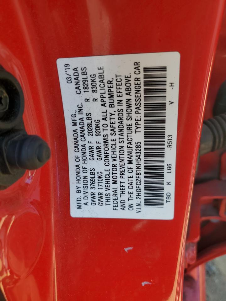 2019 Honda Civic Sport VIN: 2HGFC2F81KH543285 Lot: 63496604