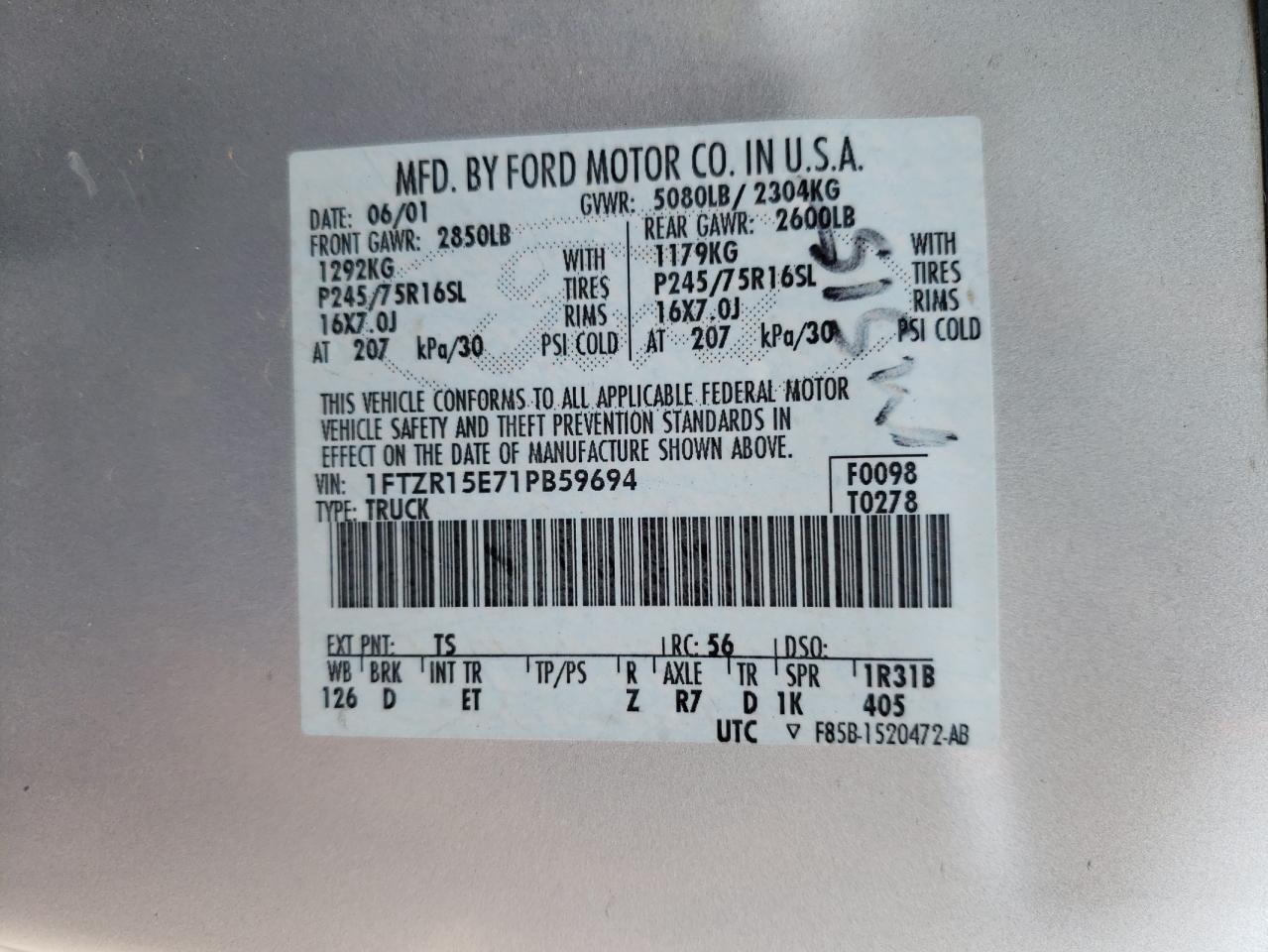 2001 Ford Ranger Super Cab VIN: 1FTZR15E71PB59694 Lot: 62756404