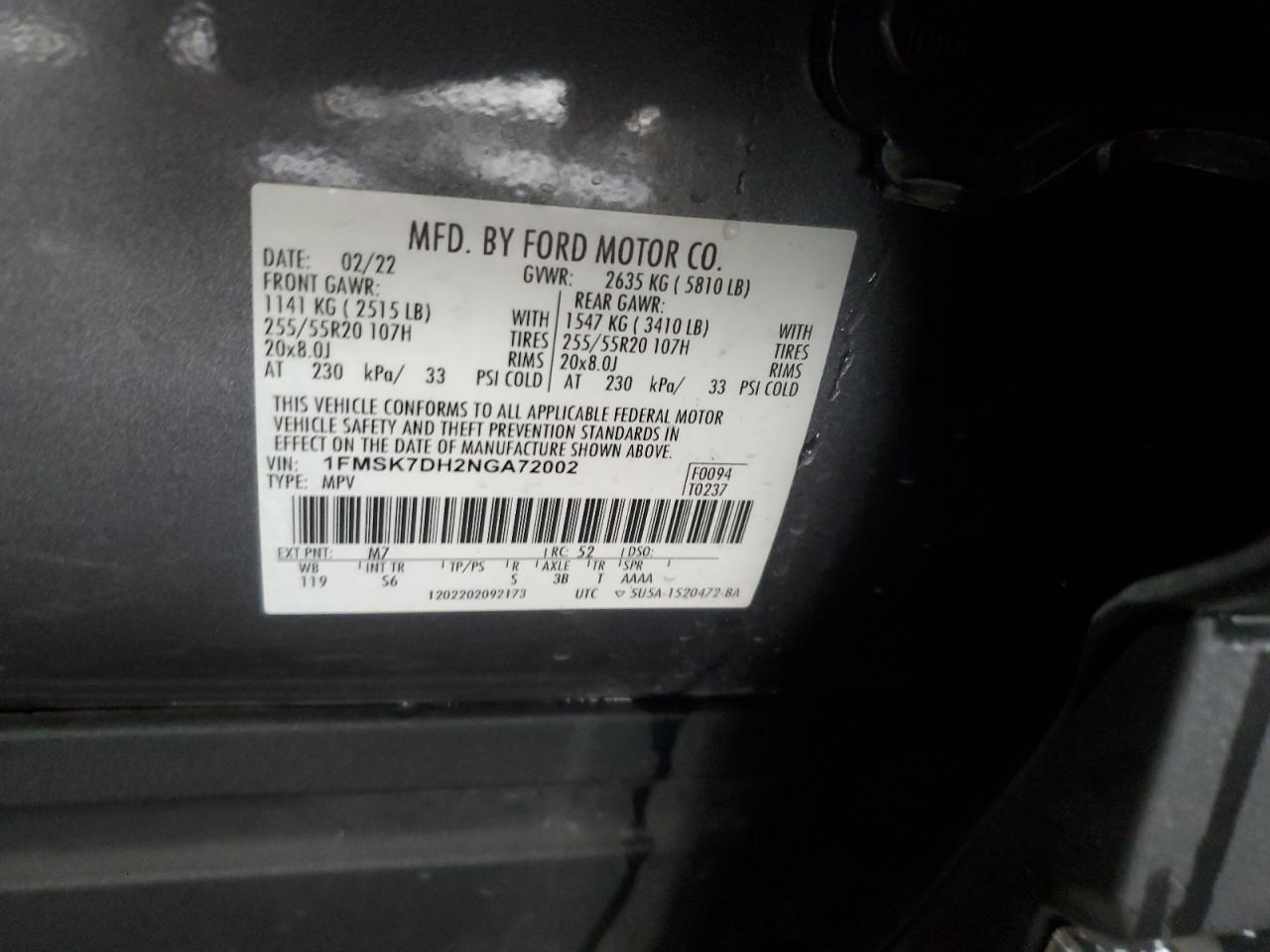 2022 Ford Explorer Xlt VIN: 1FMSK7DH2NGA72002 Lot: 64670534