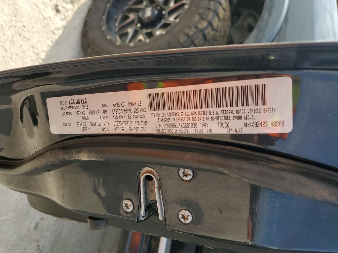 2019 Ram 2500 Laramie VIN: 3C6UR5KL1KG681030 Lot: 63598944