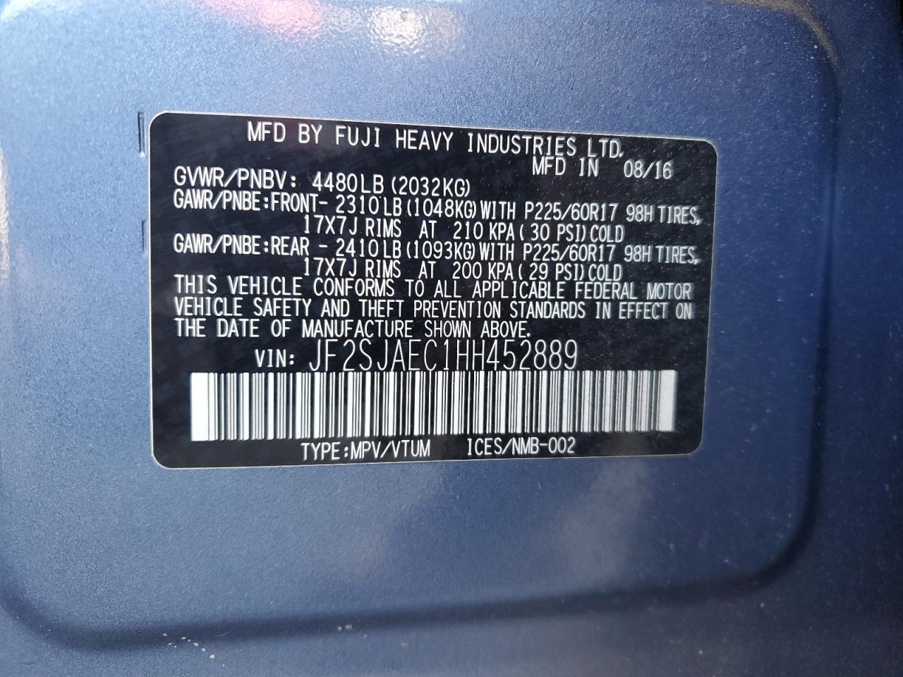 2017 Subaru Forester 2.5I Premium VIN: JF2SJAEC1HH452889 Lot: 61914994