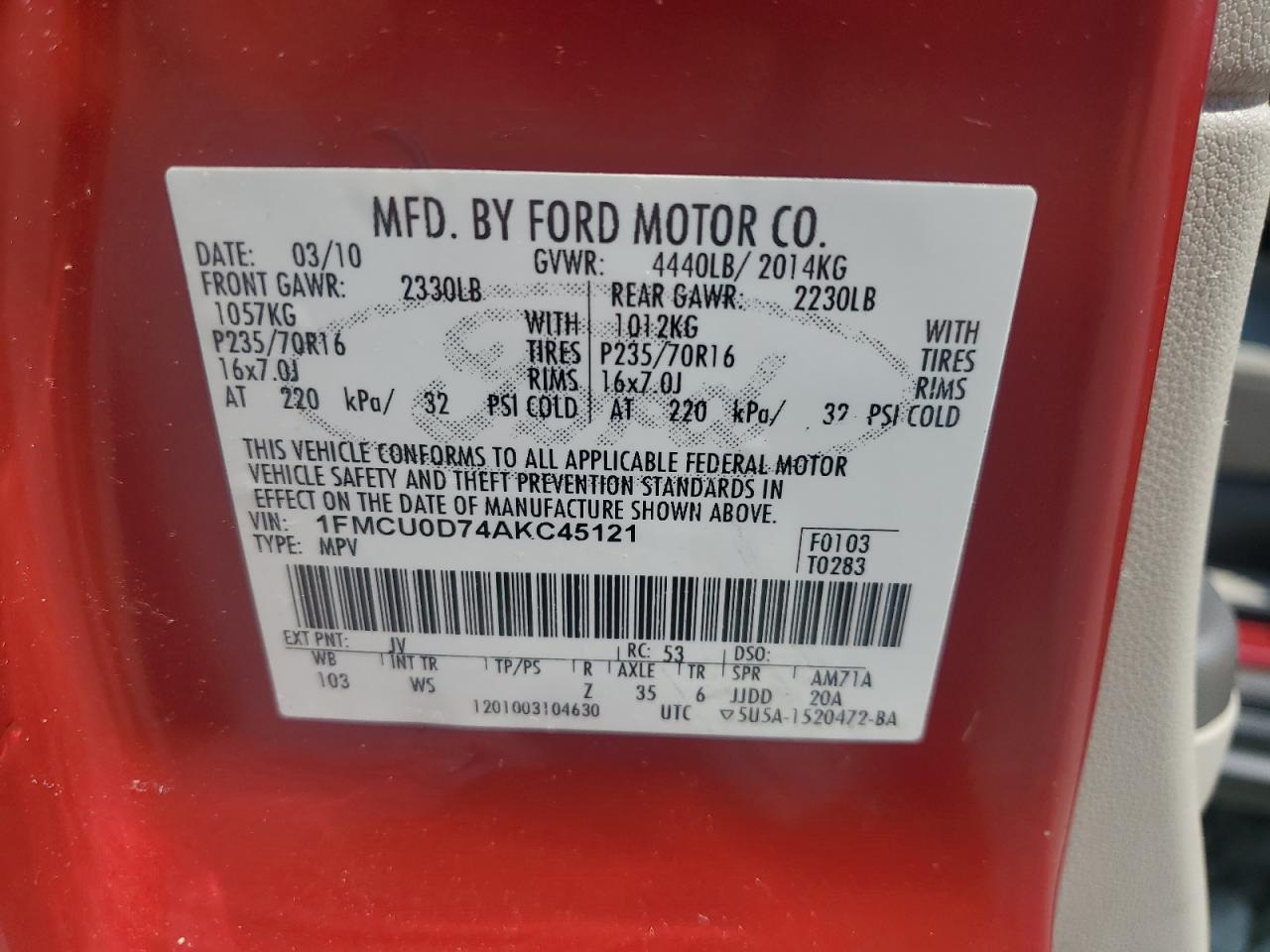 2010 Ford Escape Xlt VIN: 1FMCU0D74AKC45121 Lot: 63300474