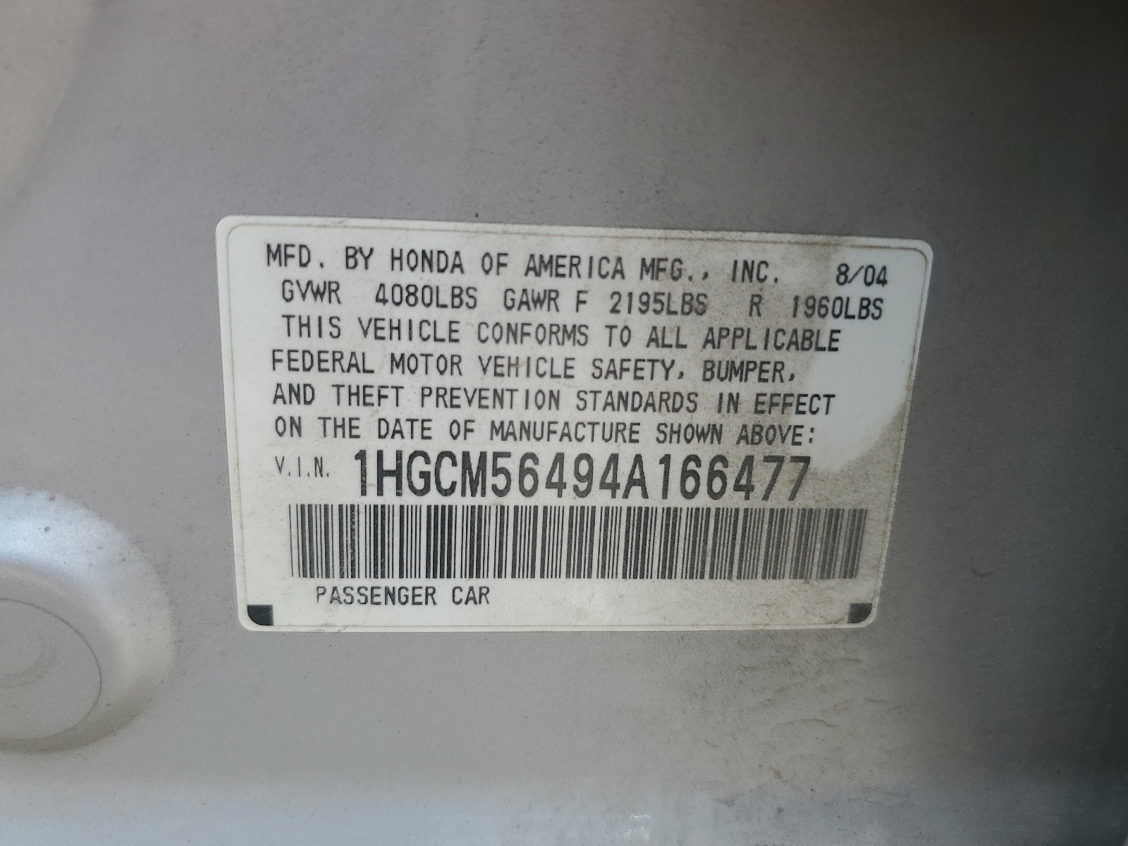 1HGCM56494A166477 2004 Honda Accord Lx