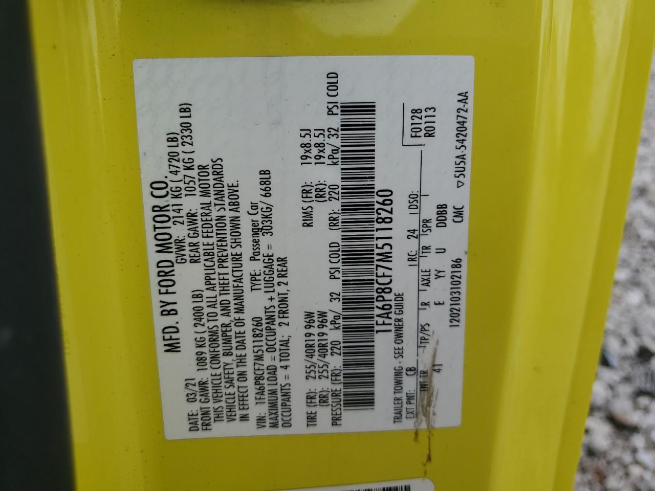 2021 Ford Mustang Gt VIN: 1FA6P8CF7M5118260 Lot: 63757204