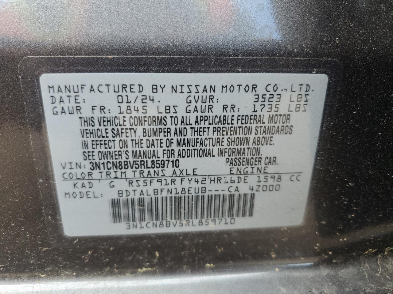 2024 Nissan Versa S VIN: 3N1CN8BV5RL859710 Lot: 63255274