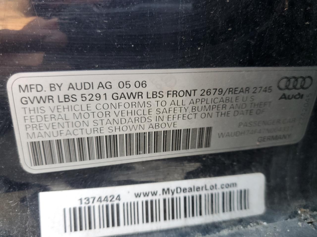 2007 Audi A6 3.2 Quattro VIN: WAUDH74F47N004337 Lot: 63975324