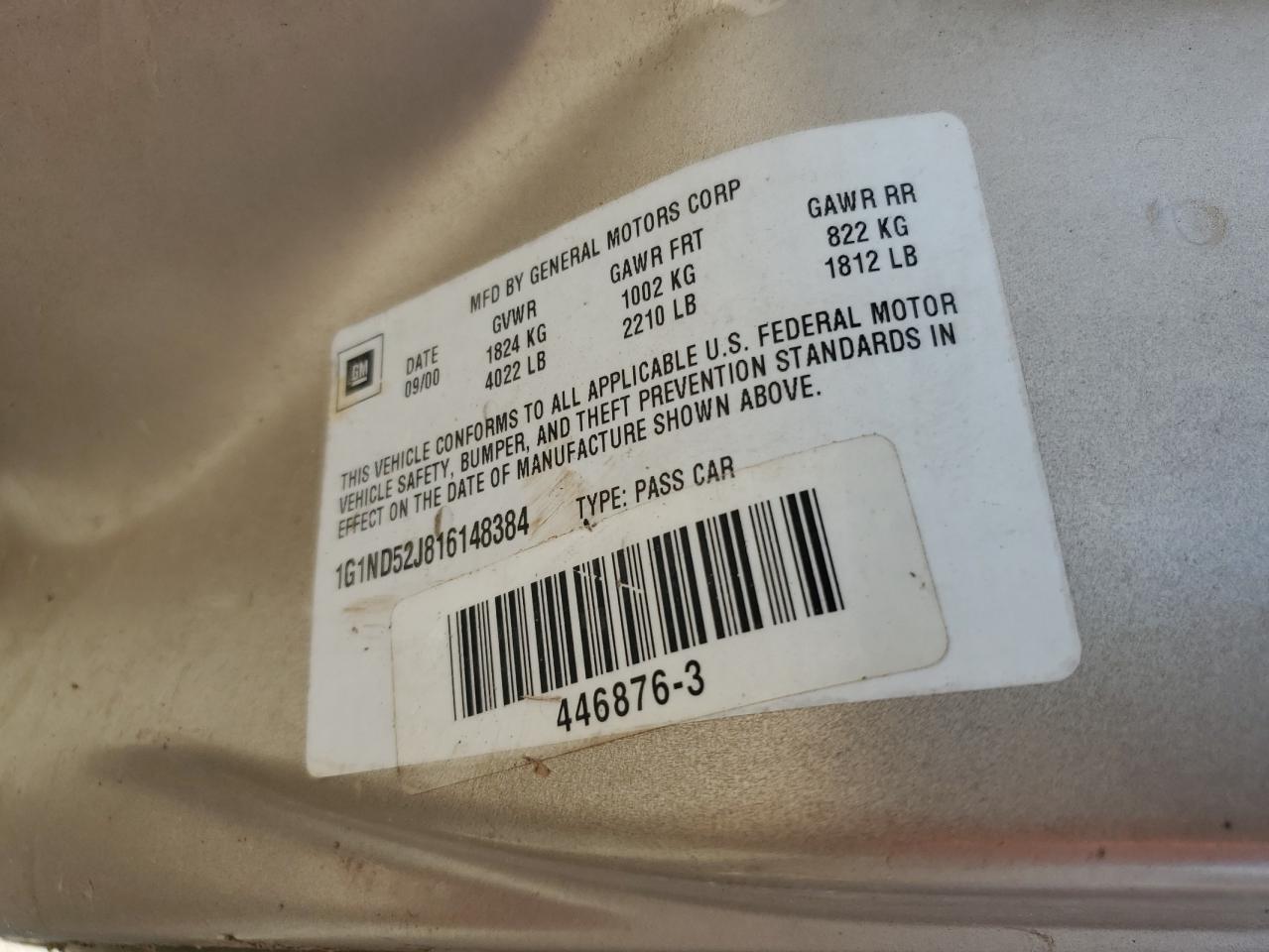 2001 Chevrolet Malibu VIN: 1G1ND52J816148384 Lot: 61445734