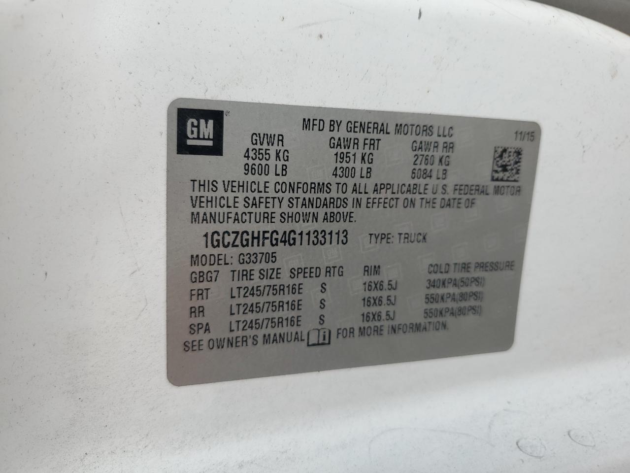 2016 Chevrolet Express G3500 VIN: 1GCZGHFG4G1133113 Lot: 63911494