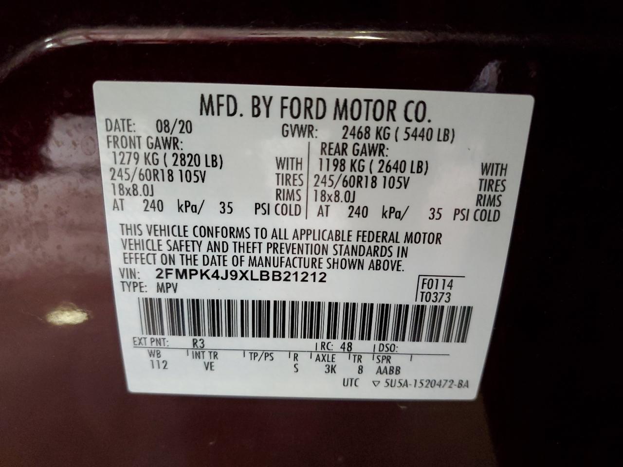 2020 Ford Edge Sel VIN: 2FMPK4J9XLBB21212 Lot: 64697814
