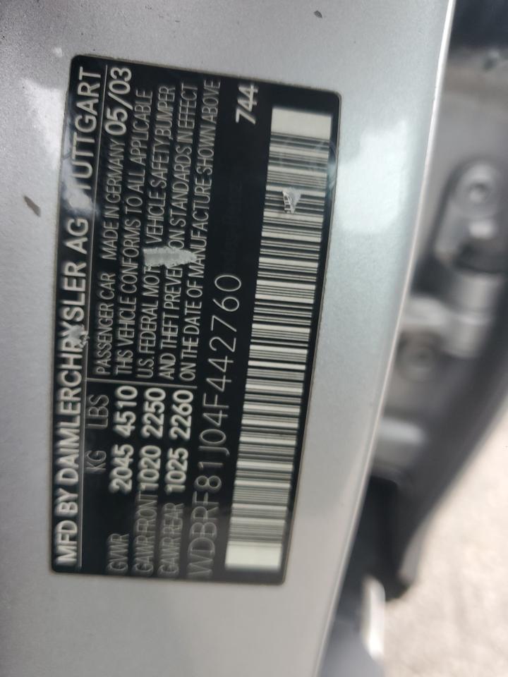 2004 Mercedes-Benz C 240 4Matic VIN: WDBRF81J04F442760 Lot: 63225844