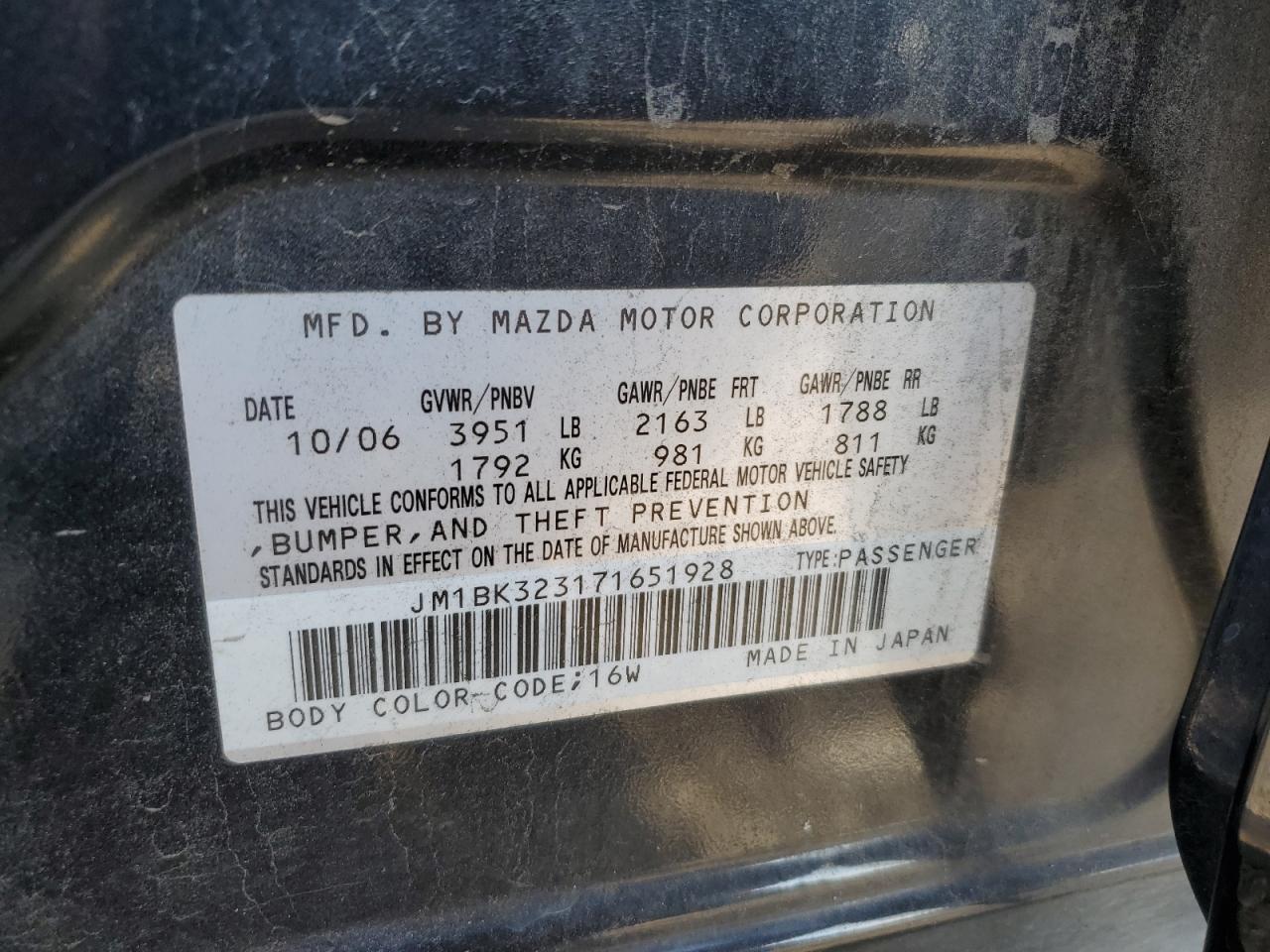 2007 Mazda 3 S VIN: JM1BK323171651928 Lot: 64421904