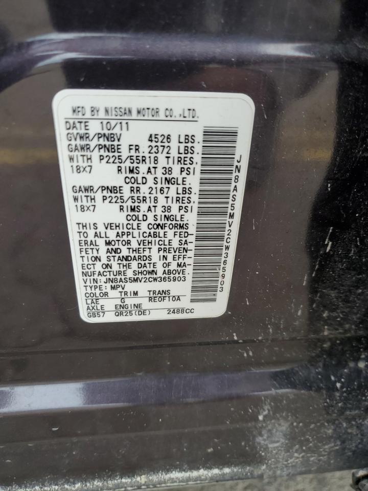 2012 Nissan Rogue S VIN: JN8AS5MV2CW365903 Lot: 62847534