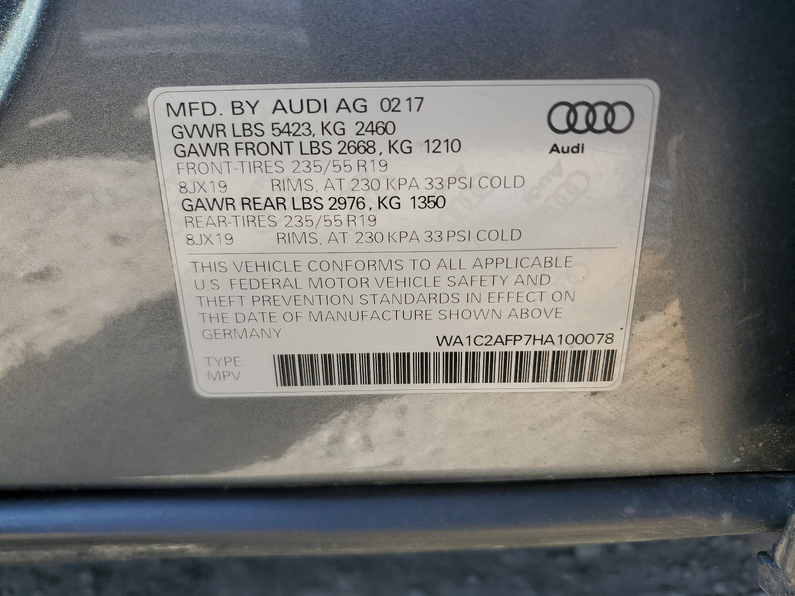 WA1C2AFP7HA100078 2017 Audi Q5 Premium