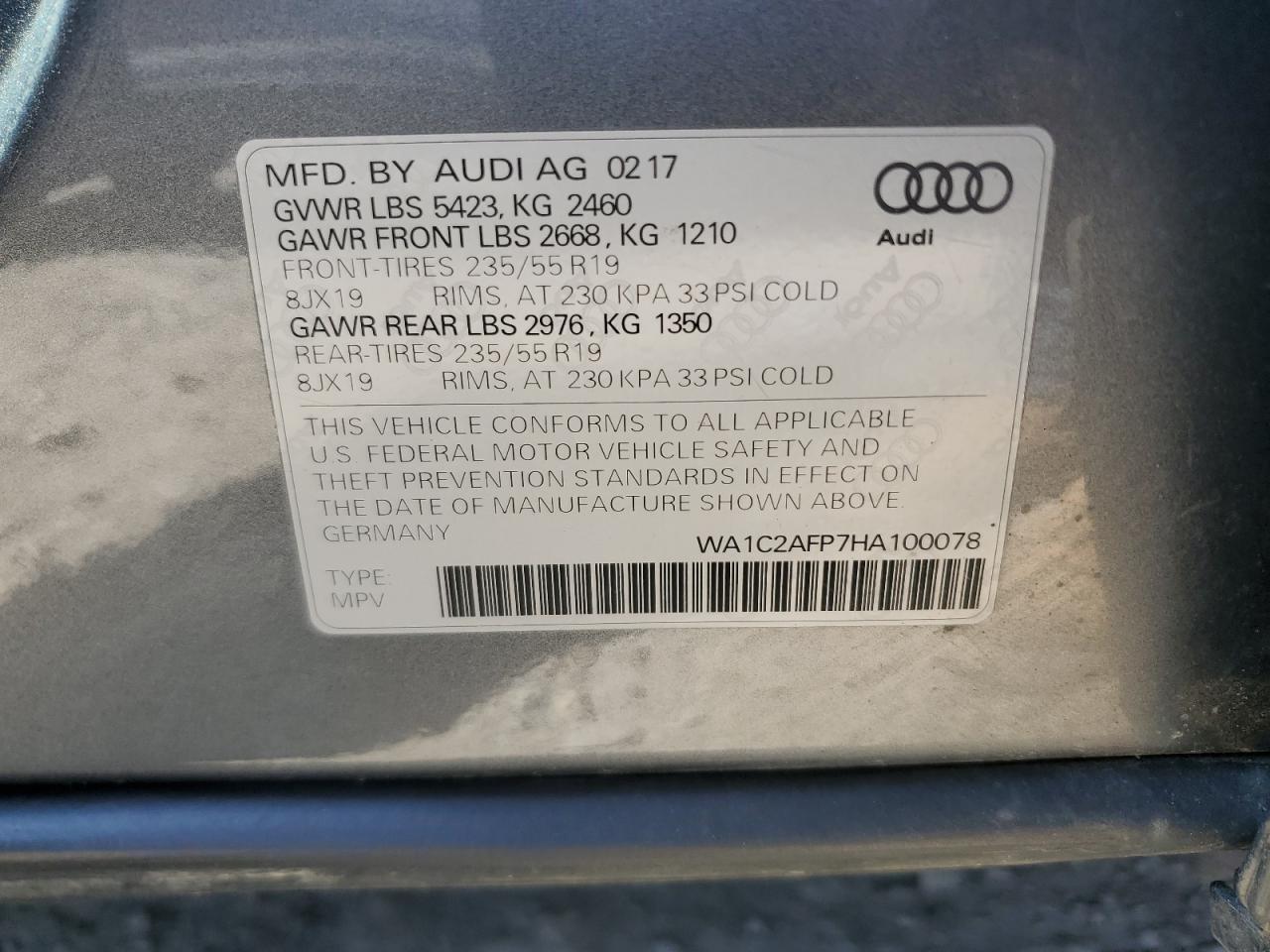 2017 Audi Q5 Premium VIN: WA1C2AFP7HA100078 Lot: 64475394