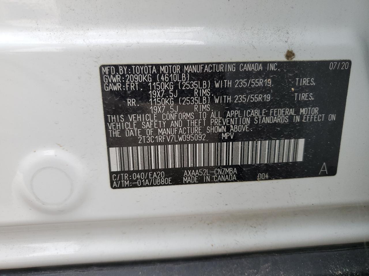 2T3C1RFV7LW095092 2020 Toyota Rav4 Xle Premium